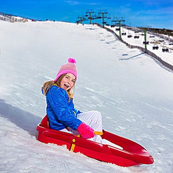 儿童,女孩,玩,雪撬,雪中,冬天,毛织品,粉色,帽子