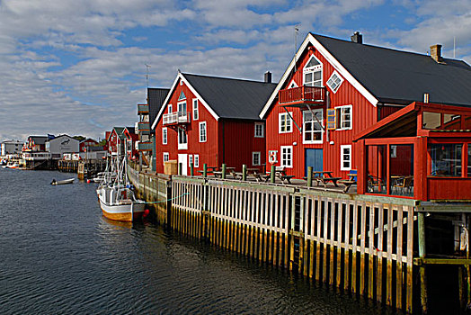捕鱼,船,特色,红色,房子,罗弗敦群岛,诺尔兰郡,挪威,欧洲