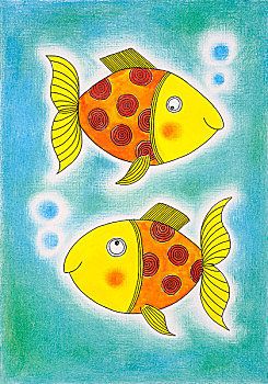 两个,金色,鱼,绘画,水彩画,纸
