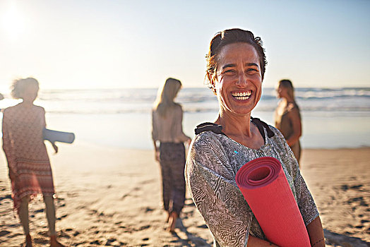 头像,高兴,女人,瑜伽垫,晴朗,海滩,瑜珈,闲适