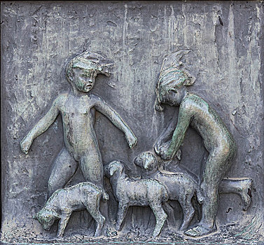 孩子,绵羊,青铜,浮雕,古斯塔夫-维格朗,雕塑,公园,奥斯陆,挪威,欧洲