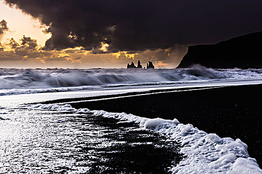 海滩,日落,海洋,海浪,黑沙,南方,区域,冰岛,欧洲