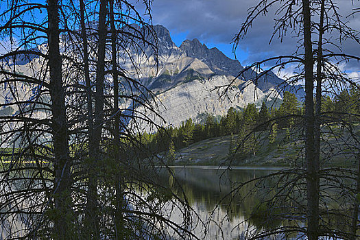 反射,山峦,湖,山,班芙国家公园,艾伯塔省,加拿大