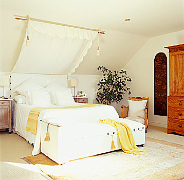 脚,双人床,浪漫,布,篷子,衣柜,鲜明,阁楼,卧室