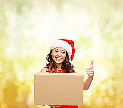 圣诞节,圣诞,冬天,高兴,概念,微笑,女人,圣诞老人,帽子,包裹,盒子,展示,竖大拇指
