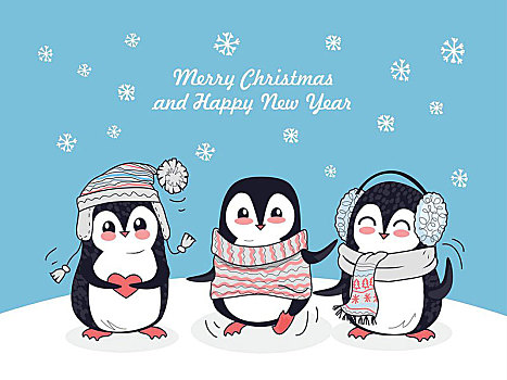 圣诞快乐,新年快乐,海报,企鹅,高兴,冬天,朋友,三个,小,衣服,冬季风景,卡通,有趣,生物,风格,设计,矢量