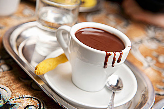 杯子,热巧克力,饼干,水杯,银色托盘
