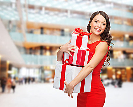 圣诞节,休假,白天,庆贺,人,概念,微笑,女人,红裙,礼盒,上方,购物中心,背景