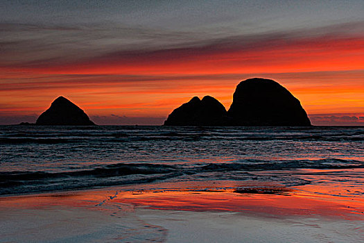 日落,三拱,海边,俄勒冈,美国