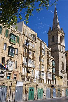 马耳他,瓦莱塔市,教堂,尖顶,向上,高处,公寓,车库,建造,老,墙壁,城市