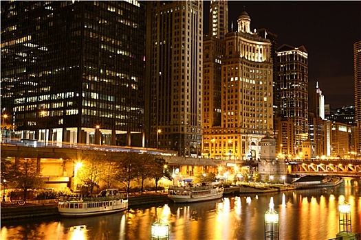 芝加哥,河边,夜晚