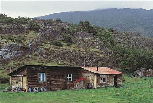 木屋,山峦,巴塔哥尼亚,阿根廷,南美