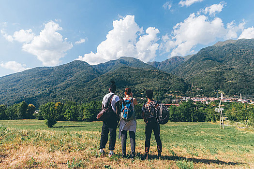 三个,年轻,远足,朋友,看,山,后视图,特兰提诺阿尔托阿迪杰,意大利