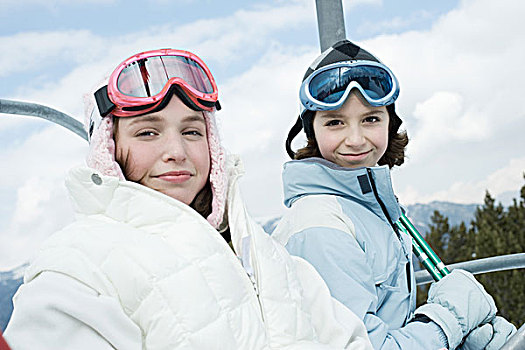 少女,年幼,朋友,滑雪缆车,头像