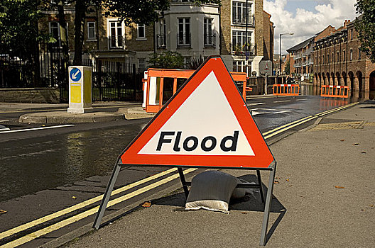 英格兰,北约克郡,洪水,警告标识,屏障,道路,停止,交通
