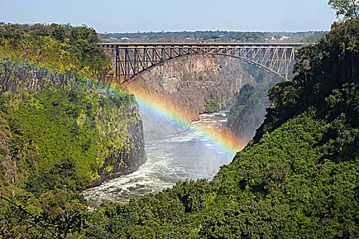 彩虹,上方,赞比西河,维多利亚瀑布,桥,赞比亚,右边,津巴布韦,左边