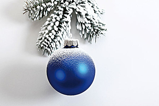 蓝色,圣诞球,杉枝,雪