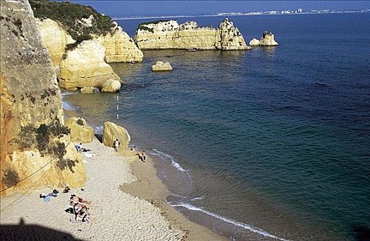 海滩,石头,海洋,大西洋,游客,拉各斯,阿尔加维,葡萄牙,欧洲