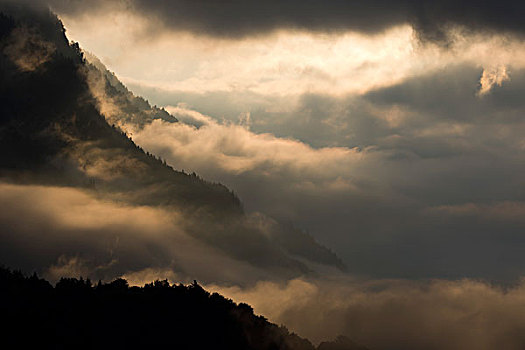 雾,山坡,高处,旅店,山谷,太阳,发光,云,提洛尔,奥地利,欧洲
