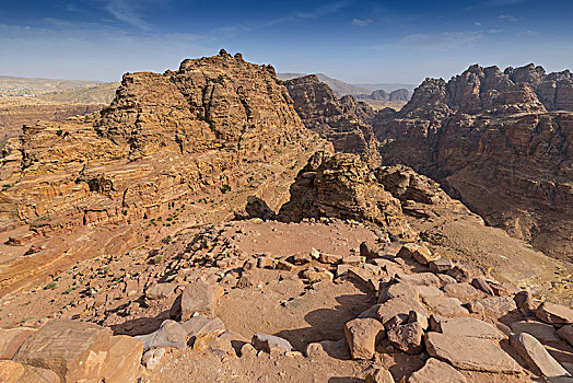 风景,砂岩,岩石构造,远眺,山谷,石头,城市,佩特拉,约旦