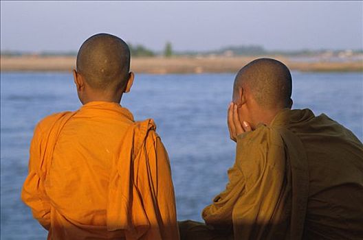 河,新手,僧侣,休息,金边,柬埔寨
