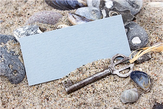 老,钥匙,卡,石头,壳,海滩,沙子