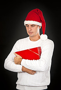 悲伤,男人,帽子,圣诞老人,礼物