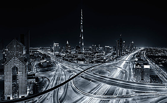 城市,迪拜,阿联酋,黄昏,哈利法,摩天大楼,光亮,公路,道路,高架路,前景