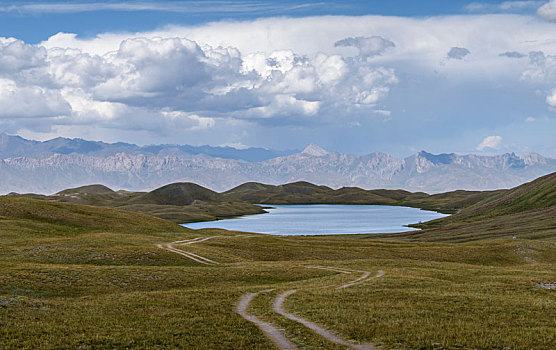 风景,湖,山谷,远景,山脉,山,吉尔吉斯斯坦