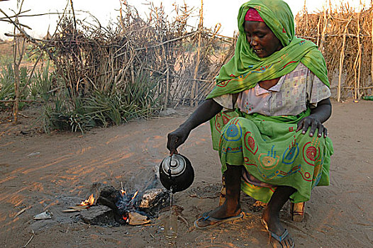 女人,茶,露营,人,近郊,林羚,南方,达尔富尔,苏丹,十一月,2004年