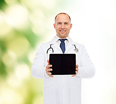 医疗,广告,团队,概念,微笑,男医生,展示,平板电脑,电脑屏幕,上方,蓝色背景