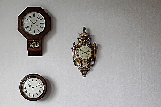 三个,老式,墙壁,钟表