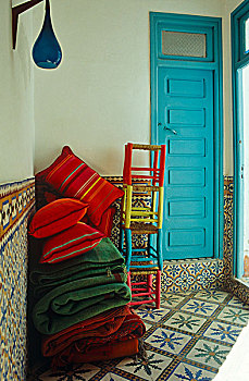 浅色,地毯,垫子,小,凳子,平台,砖瓦,走廊,使用