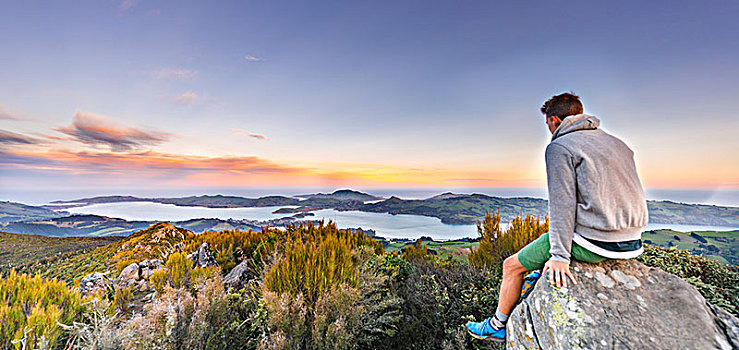 男人,坐,岩石上,风景,攀升,奥塔哥,港口,半岛,日落,南部地区,新西兰,大洋洲