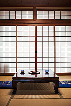传统,日本,室内,矮桌,碗,茶