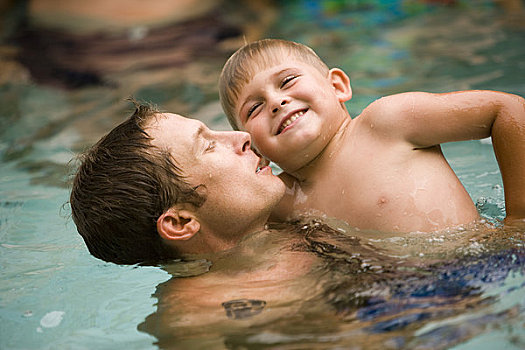 肖像,父亲,儿子,乐趣,一起,游泳池