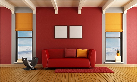 红色,客厅,房子,山