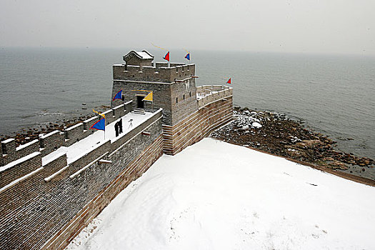 秦皇岛山海关老龙头冬季雪景