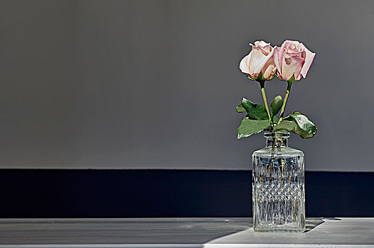两个,玫瑰,水晶玻璃,花瓶