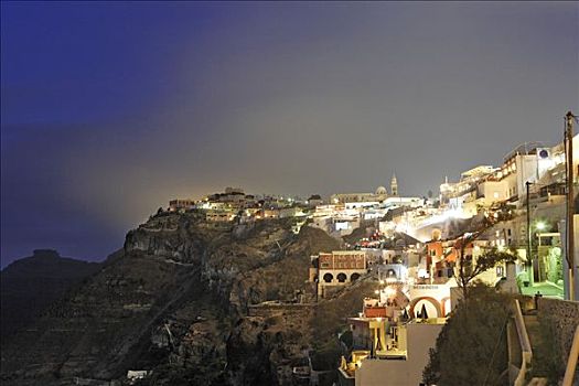 城镇,锡拉岛,夜晚,希腊