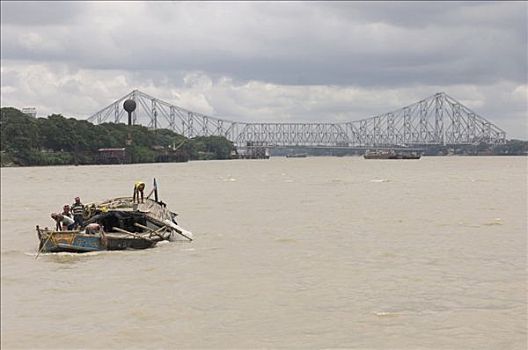 船,河,桥,地标,加尔各答,西孟加拉,印度,亚洲