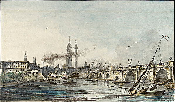 风景,泰晤士河,教堂,纪念建筑,迟,18世纪,艺术家