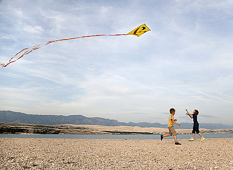 孩子,飞,风筝,海滩