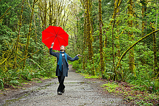 女人,林中小径,红色,伞
