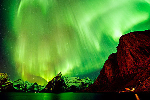 风景,绿色,北极光,上方,海洋,山,瑞恩,挪威