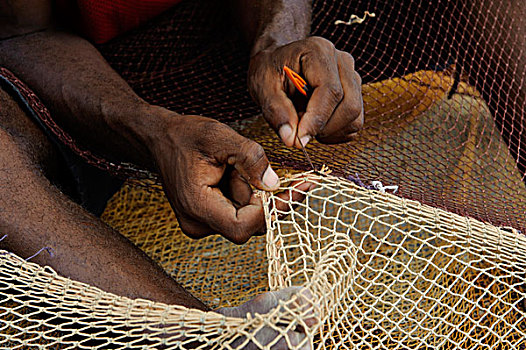 捕鱼者,修理,渔网,圣地亚哥,佛得角,非洲
