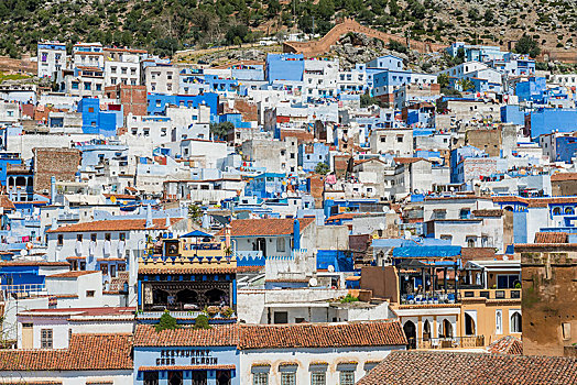 蓝色,房子,远眺,舍夫沙万,沙温,礁石,山,摩洛哥,非洲