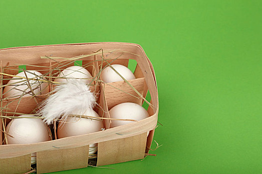 白色,鸡,蛋,木质,容器,上方,绿色