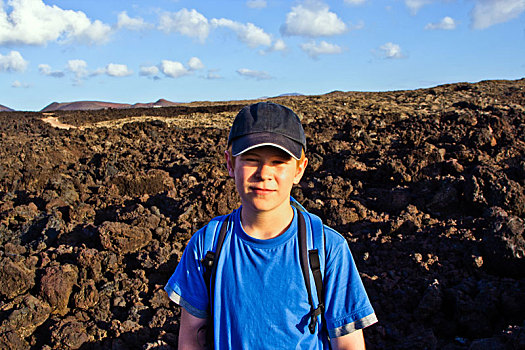 男孩,走,火山,区域,兰索罗特岛