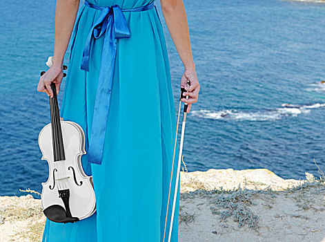 女人,青色,连衣裙,小提琴,乐弓,海上,岸边